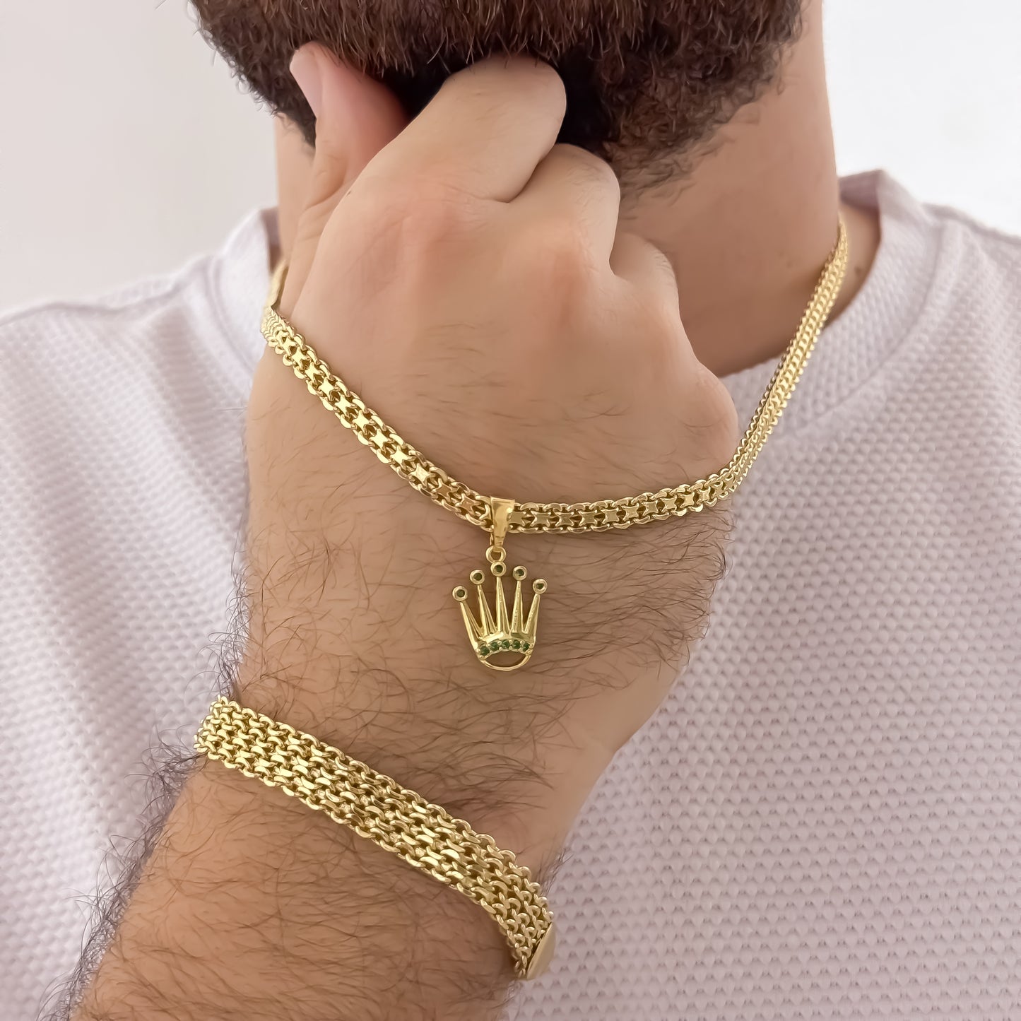 Cadena Tejido Chino 60cm de 4mm de Grosor + Dije de Corona Rolex verde  + Pulsera China Gruesa de 10mm de Grosor  en Oro Laminado 18k con Garantia de por vida