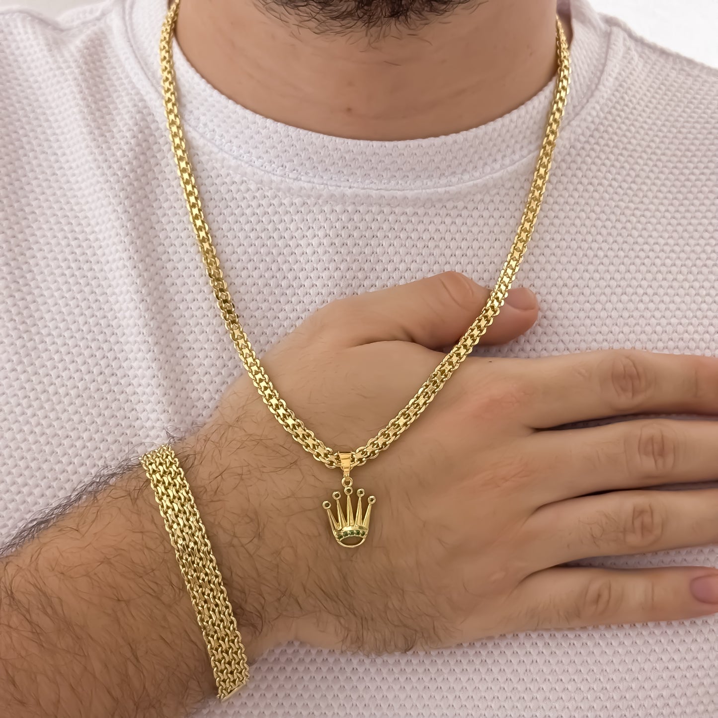 Cadena Tejido Chino 60cm de 4mm de Grosor + Dije de Corona Rolex verde  + Pulsera China Gruesa de 10mm de Grosor  en Oro Laminado 18k con Garantia de por vida