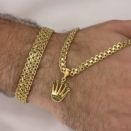 Cadena Tejido Chino 60cm de 4mm de Grosor + Dije de Corona Rolex verde  + Pulsera China Gruesa de 10mm de Grosor  en Oro Laminado 18k con Garantia de por vida