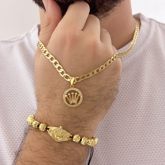 Cadena Cubana Gruesa de 60cm de 5mm + Dije de Corona Rolex + Pulsera Rolex  Balin italiano de 8mm en Oro Laminado 18k con Garantia de por vida