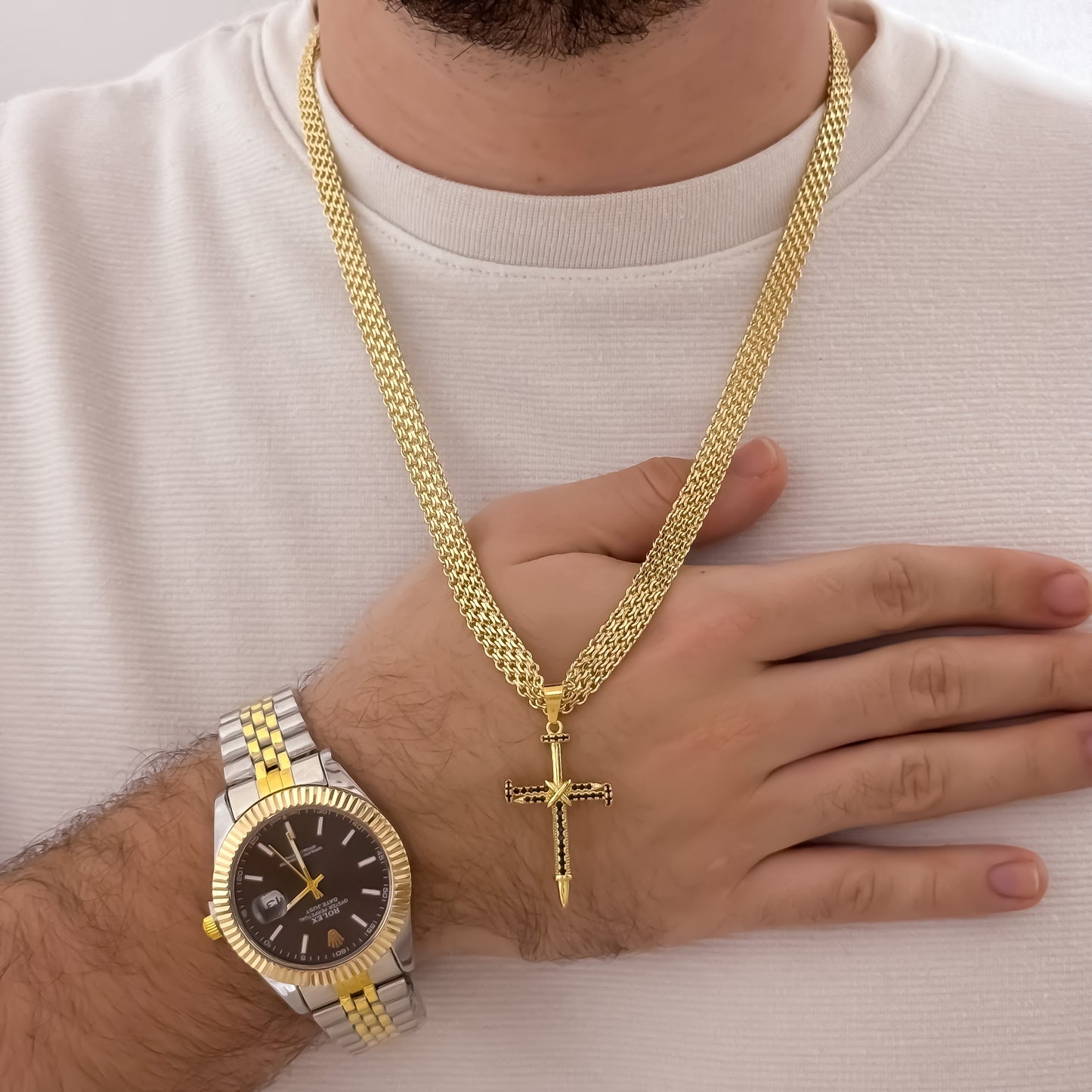 Cadena Tejido Chino Grueso de 60cm de 6mm de Grosor + Cruz Cristo Clavo con Micro circones en Oro Laminado 18k con Garantia de por vida + Reloj Rolex