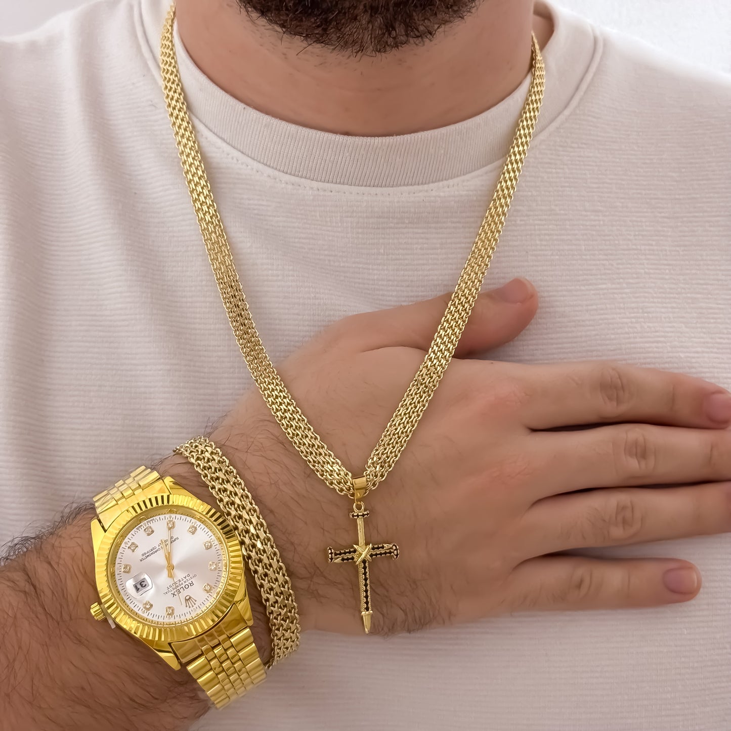 Cadena Tejido Chino Hombre de 60cm de 6mm de Grosor + Dije de Cruz Clavo Negro + Pulsera Tejido Chino Grueso de 20cm de 6mm de Grosor + Reloj Rolex