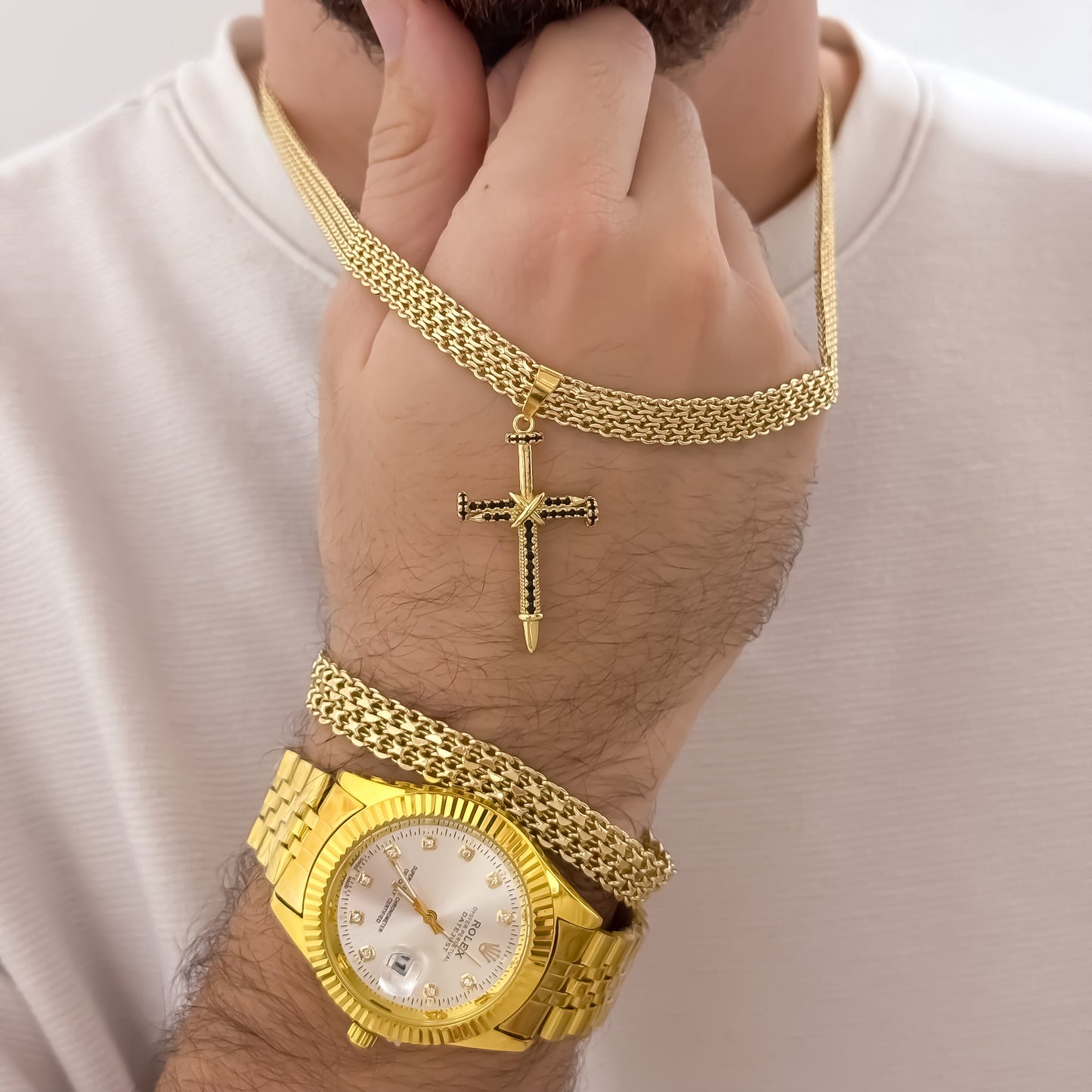 Cadena Tejido Chino Hombre de 60cm de 6mm de Grosor + Dije de Cruz Clavo Negro + Pulsera Tejido Chino Grueso de 20cm de 6mm de Grosor + Reloj Rolex