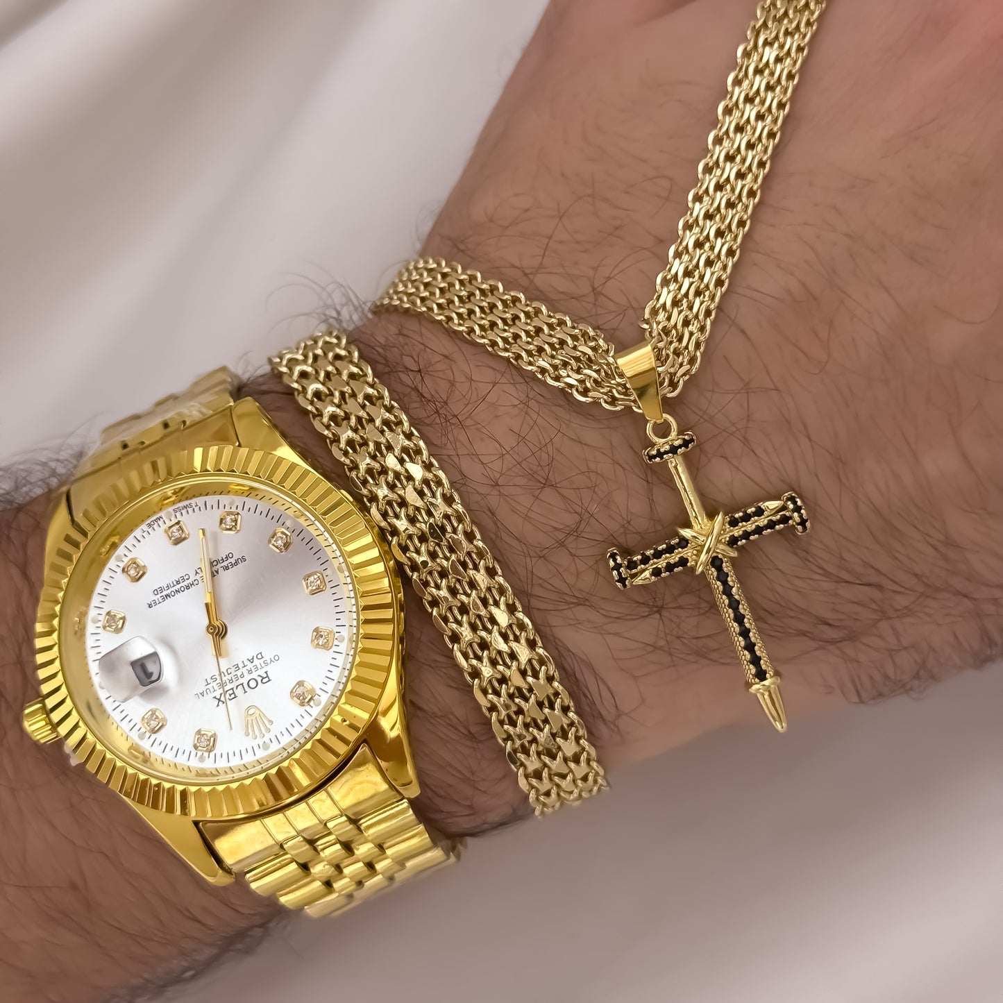 Cadena Tejido Chino Hombre de 60cm de 6mm de Grosor + Dije de Cruz Clavo Negro + Pulsera Tejido Chino Grueso de 20cm de 6mm de Grosor + Reloj Rolex