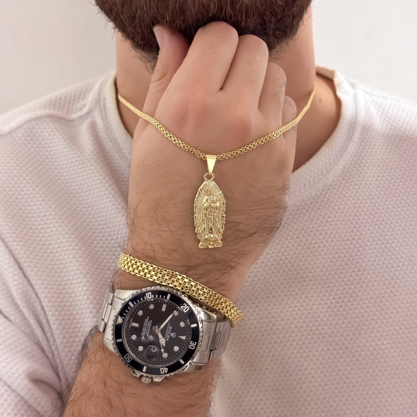 Cadena Tejido Chino de Hombre de 60cm de 3mm + Virgen de Guadalupe Tallada + Pulsera China Gruesa de 20cm de 5mm + Reloj
