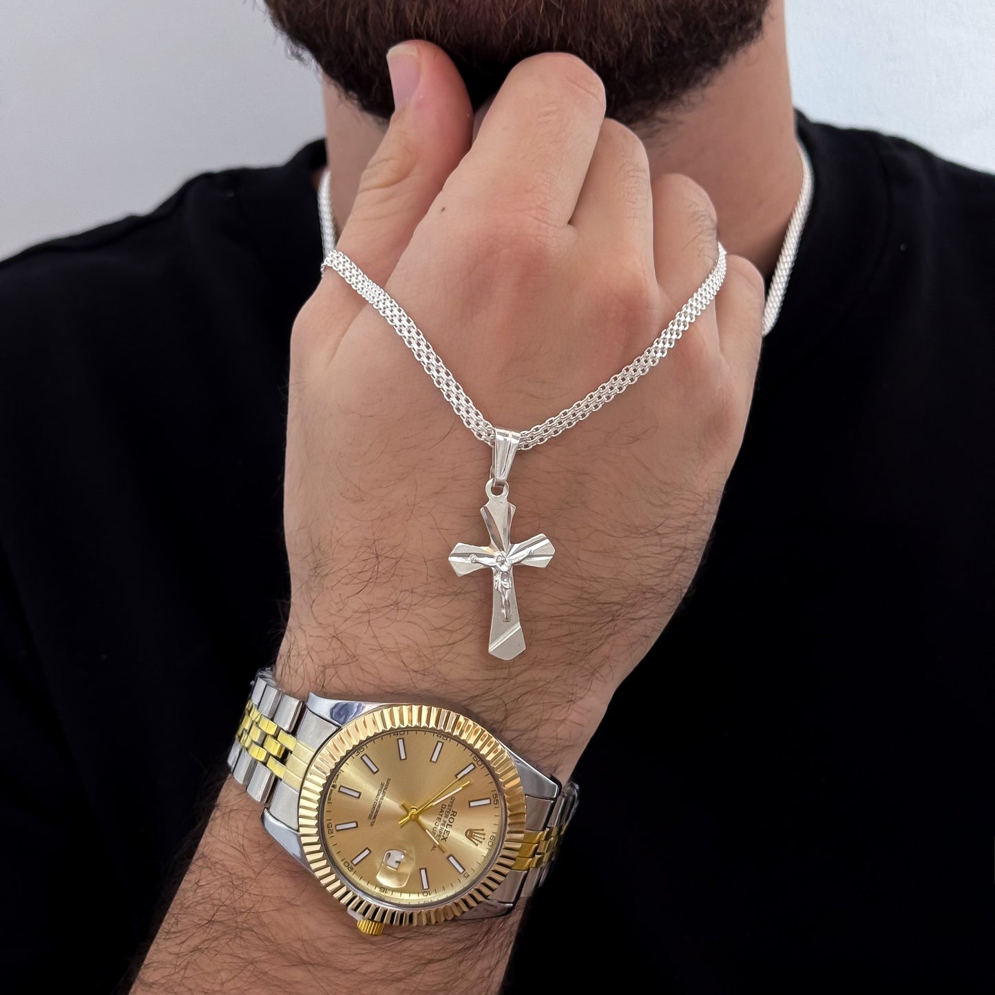 Cadena Tejido Chino de Hombre de 60cm de  4mm + Cruz Trébol en Plata 925 Garantizada  + Reloj Rolex Baño de Plata 925 + Baño de Oro con Garantia de por vida