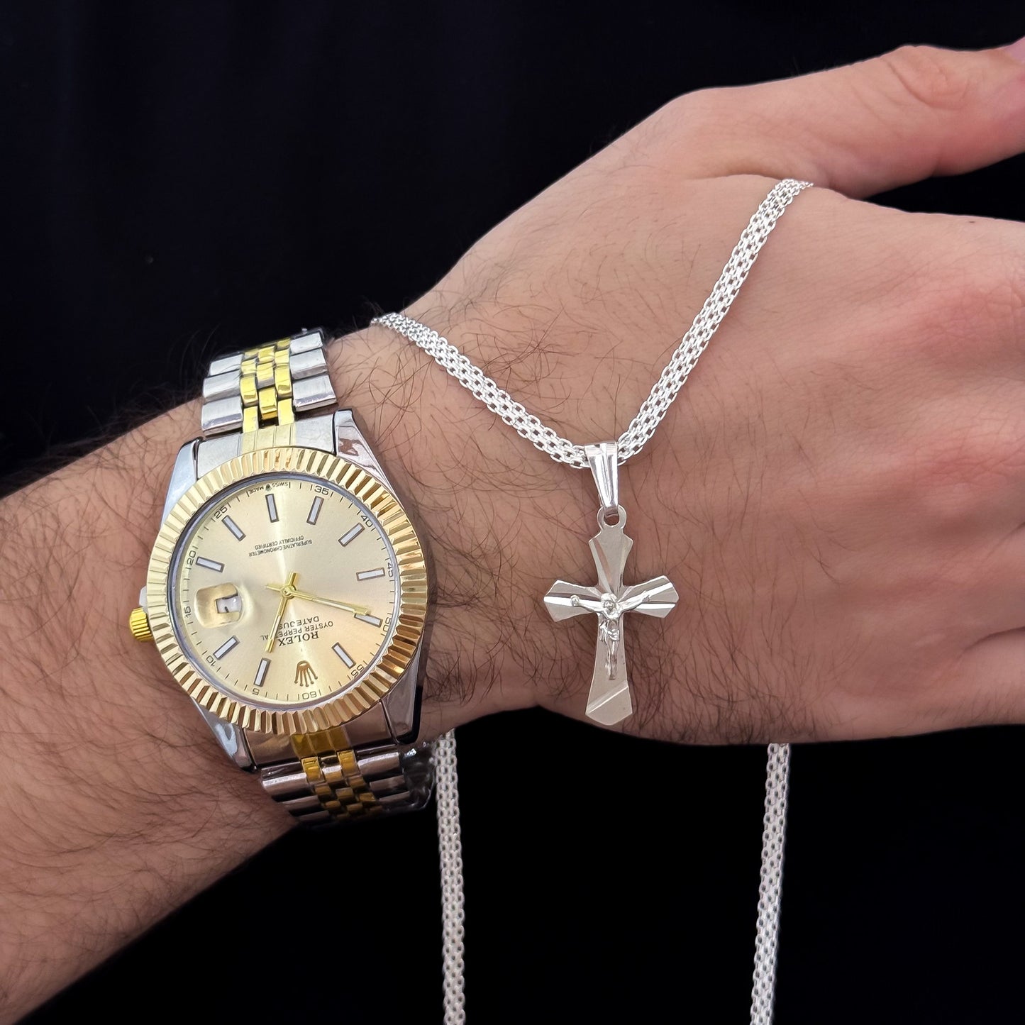 Cadena Tejido Chino de Hombre de 60cm de  4mm + Cruz Trébol en Plata 925 Garantizada  + Reloj Rolex Baño de Plata 925 + Baño de Oro con Garantia de por vida