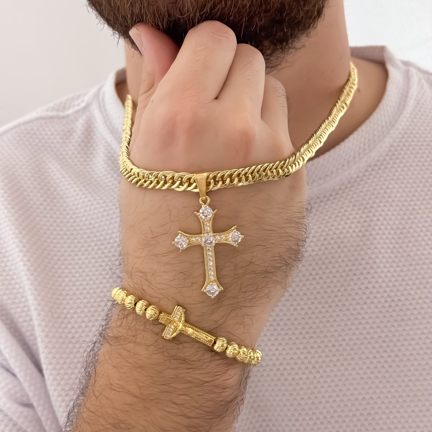 Cadena Tejido Cubana Cruzada de 60cm de 5mm Gruesa + Cruz Cricones Cristales + Pulsera Cruz Balin Italiano de 6mm en Oro Laminado 18k con Garantia de por vida