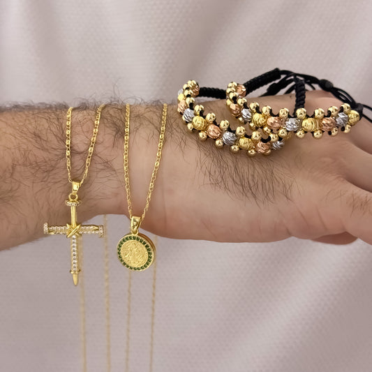 Promoción de Cadenas Para Parejas en Tejido Caracol  de Hombre   y   Dama + Dijes de San Benito Protección + Cruz con Micro Circones  2 Pulseras en Balin Italiano de 4mm  en 3 Oros de 3 Carriles en Oro Laminado 18k con Garantía de por vida