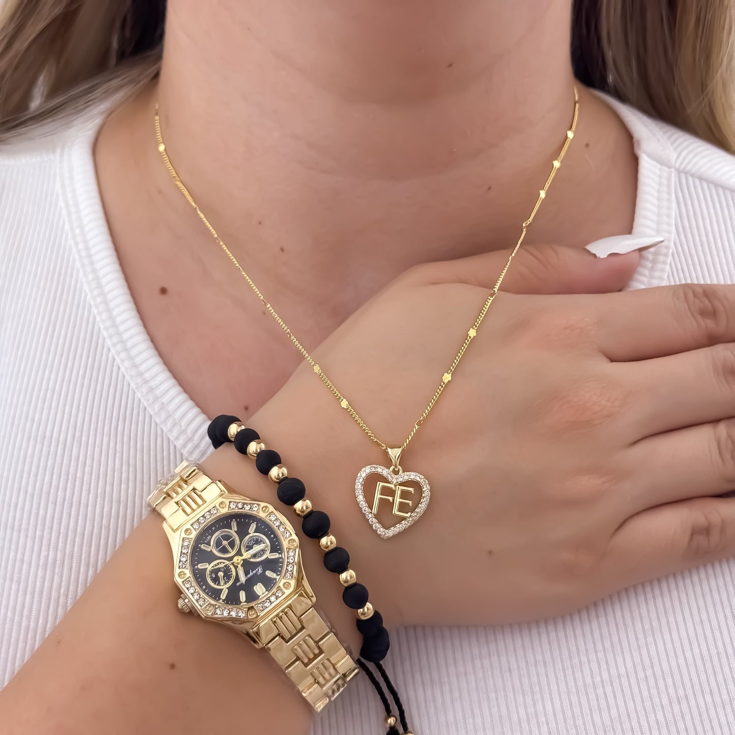 Cadena Tejido Cubana Delgada de Dama de 45cm + Corazon de FE con Micro Circones Cristales + Pulseras Balin de 5mm con Neopreno en Oro Laminado 18k con Garantia de por vida + Reloj de Dama con Micro circones Hilbert con Garantia