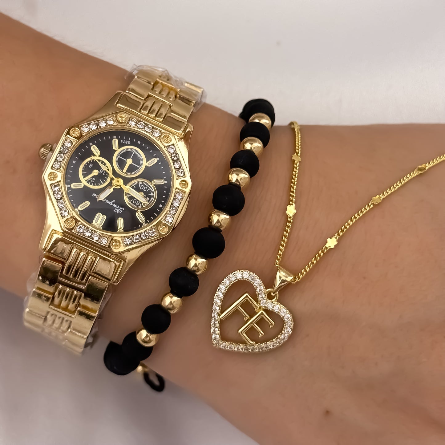 Cadena Tejido Cubana Delgada de Dama de 45cm + Corazon de FE con Micro Circones Cristales + Pulseras Balin de 5mm con Neopreno en Oro Laminado 18k con Garantia de por vida + Reloj de Dama con Micro circones Hilbert con Garantia