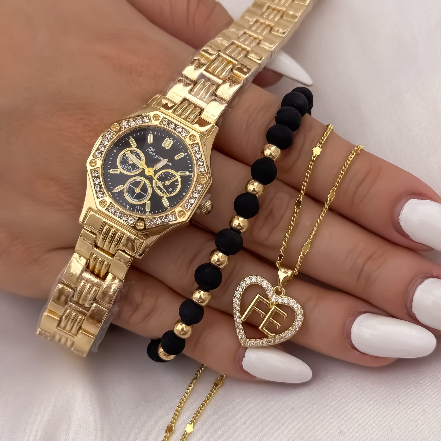 Cadena Tejido Cubana Delgada de Dama de 45cm + Corazon de FE con Micro Circones Cristales + Pulseras Balin de 5mm con Neopreno en Oro Laminado 18k con Garantia de por vida + Reloj de Dama con Micro circones Hilbert con Garantia