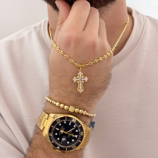 Cadena Tejido Gucci de Hombre de 60cm de 3,5mm + Cruz Con Micro Circones  Cristales + Pulseras Full Balines de 4mm + Reloj de Hombre Rolex en Oro Laminado 18k