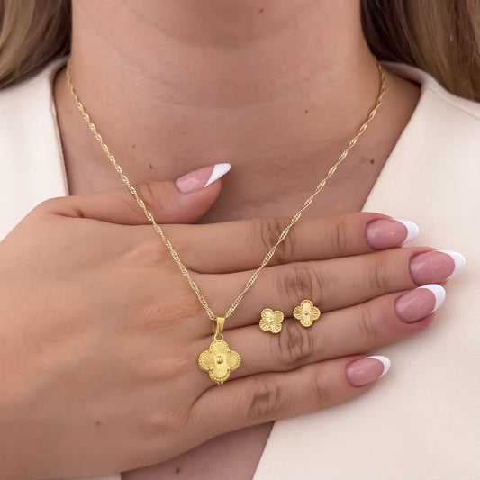 Conjunto Van Cleef Cadena Tejido Singapur de 45cm + Van Cleef + Topo Van Cleef en Oro Laminado 18k con Garantia de por vida