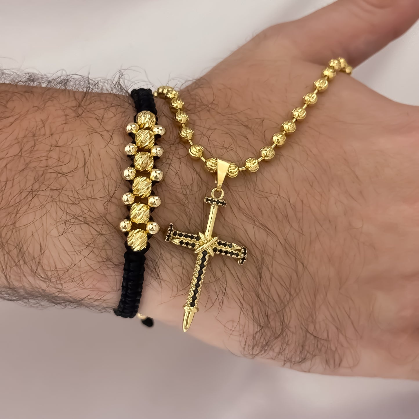 Cadena Militar Diamantada de 60cm de 4mm + Cruz Con Micro Circones Negro + Pulsera Balin Italiano 4MM  de 3 Carriles en Oro Laminado 18k con Garantia de por vida