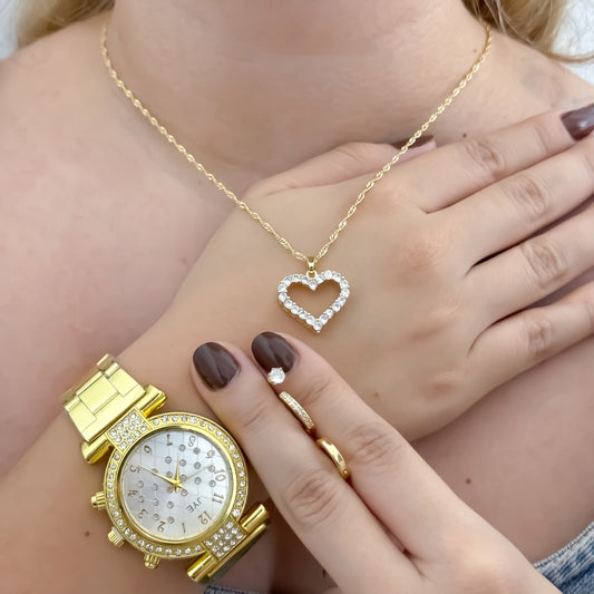 Cadena Singapur de 45cm de Dama con Dije de Corazon de circonia + Jueho de Topo circon + Candongas circonia en Oro Laminado 18k con Garantia de por vida + Reloj de Dama JYE de Alta Calidad