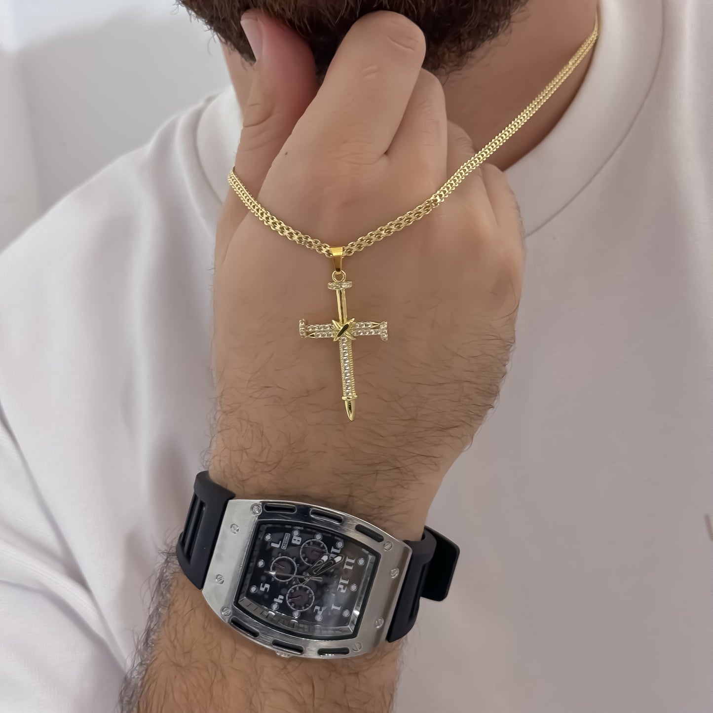 Cadena Tejido Chino de Hombre de 60cm de 3mm de Grosor + Cristo Clavo de Circones Cristales en Oro Laminado 18k con Garantia de por vida + Richard Mille Rose con Garantia