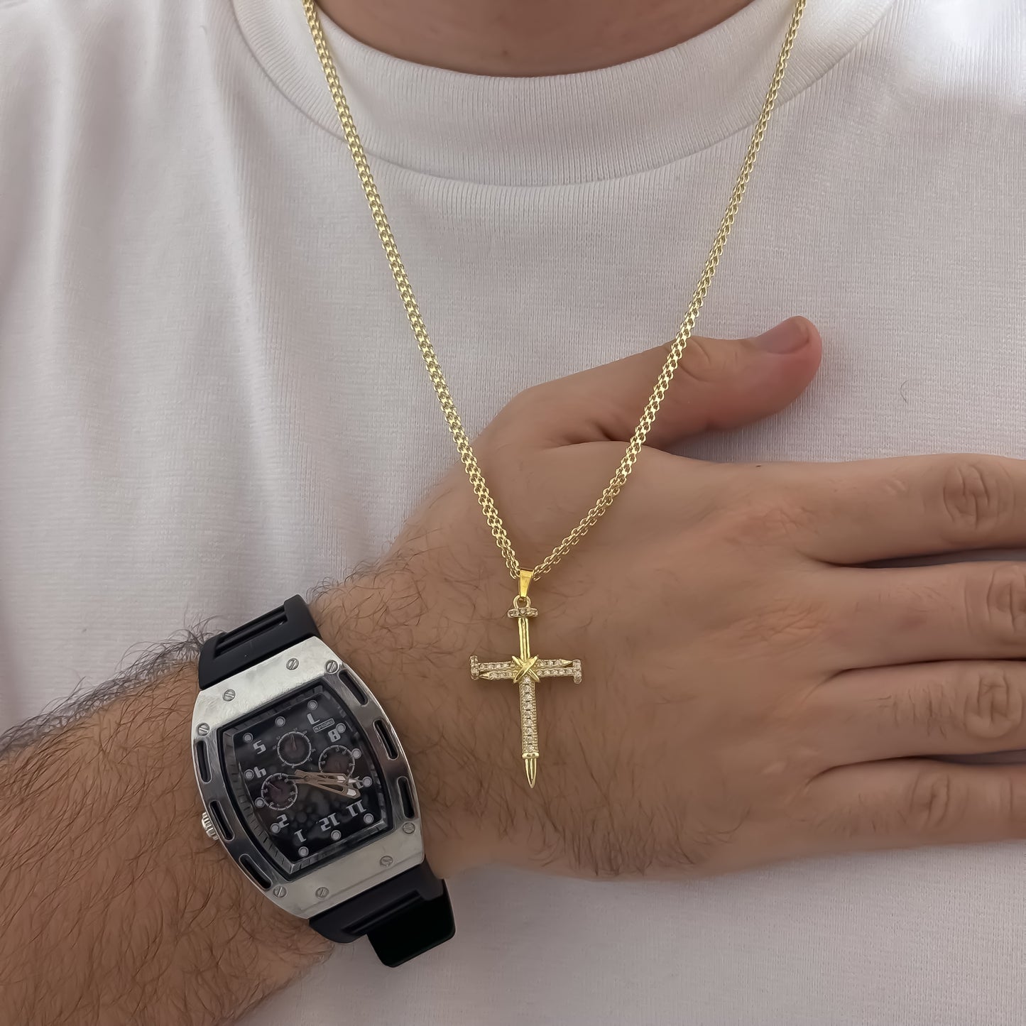 Cadena Tejido Chino de Hombre de 60cm de 3mm de Grosor + Cristo Clavo de Circones Cristales en Oro Laminado 18k con Garantia de por vida + Richard Mille Rose con Garantia