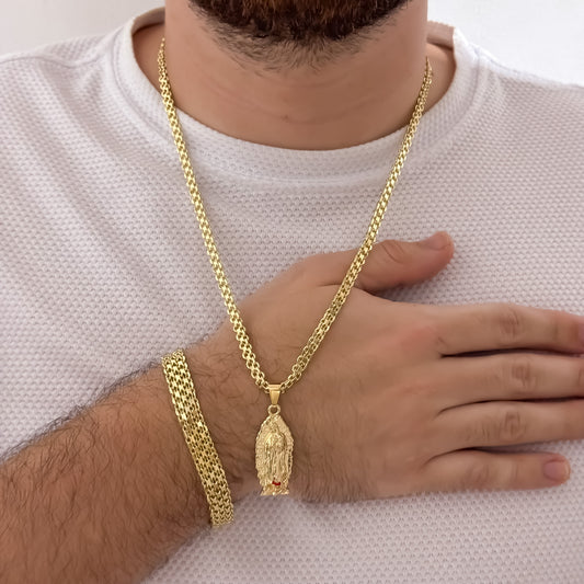 Cadena Tejido Chino de Hombre de 60cm de 4mm + Virgen de Guadalupe Tallada + Pulsera Tejido chino Gruesa de 10mm en Oro Laminado 18k con Garantia de por vida