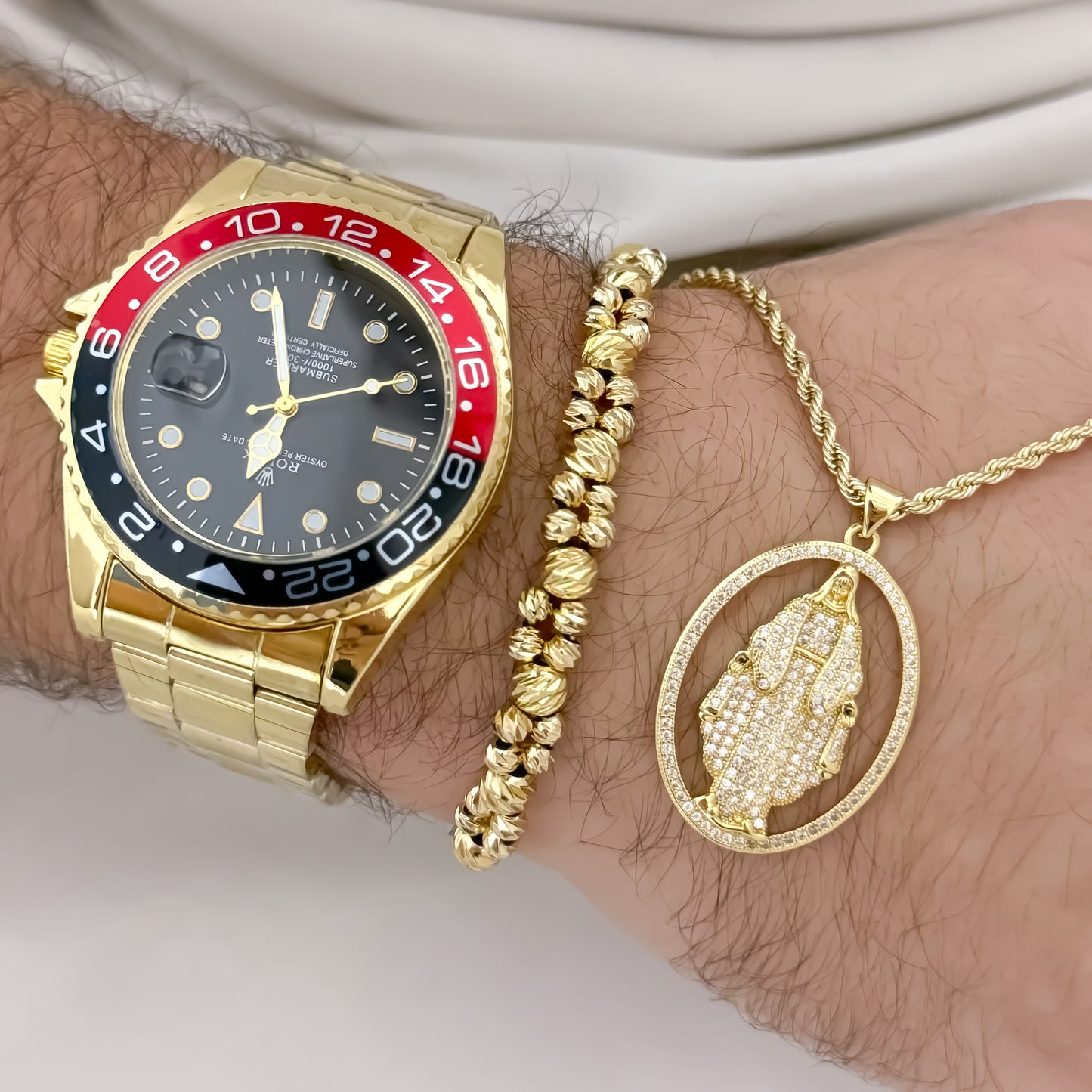 Cadena Lazo de Caballero de 60cm de 3mm de Grosor + Virgen de Guadalupe Tallada con Micro circones + Pulsera Balin Italiano de 4mm de Grosor y 5mm en Oro Laminado 18k con Garantia de por vida + Reloj Rolex de Alta Calidad con Garantia