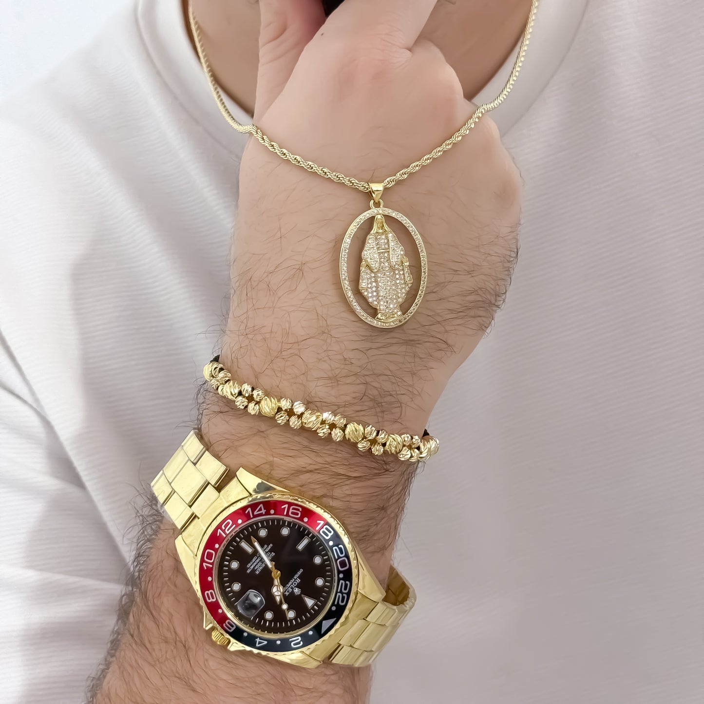 Cadena Lazo de Caballero de 60cm de 3mm de Grosor + Virgen de Guadalupe Tallada con Micro circones + Pulsera Balin Italiano de 4mm de Grosor y 5mm en Oro Laminado 18k con Garantia de por vida + Reloj Rolex de Alta Calidad con Garantia