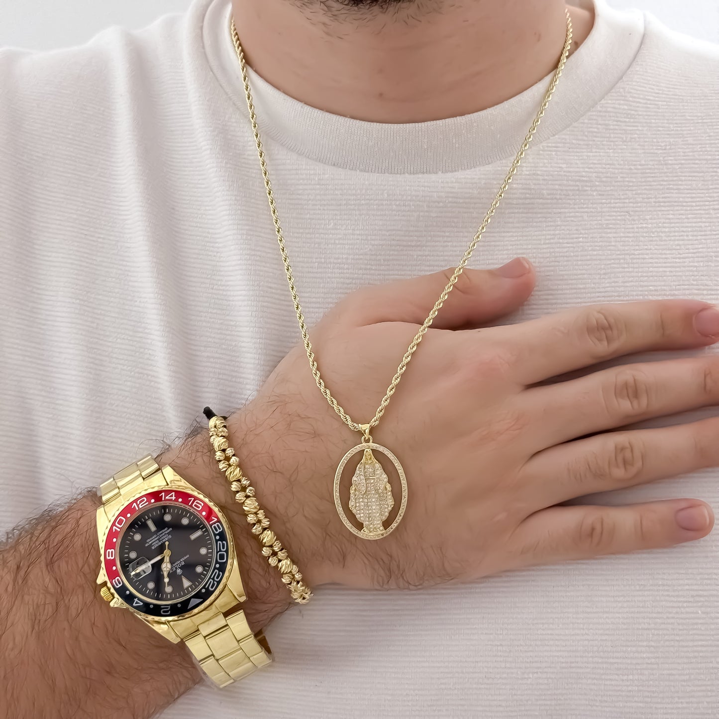 Cadena Lazo de Caballero de 60cm de 3mm de Grosor + Virgen de Guadalupe Tallada con Micro circones + Pulsera Balin Italiano de 4mm de Grosor y 5mm en Oro Laminado 18k con Garantia de por vida + Reloj Rolex de Alta Calidad con Garantia