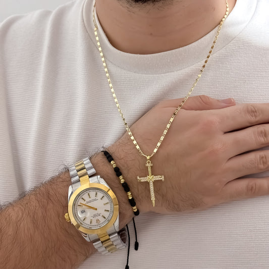 Cadena Tejido Escalera  Plana con Destello  de 60cm de 3mm  + Cruz Clavo micro circones + Pulsera Balin Italiano  de 5mm en Oro Laminado 18k  Reloj Rolex de Alta de Gama
