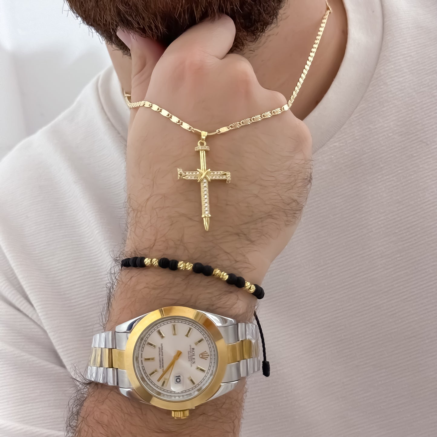 Cadena Tejido Escalera  Plana con Destello  de 60cm de 3mm  + Cruz Clavo micro circones + Pulsera Balin Italiano  de 5mm en Oro Laminado 18k  Reloj Rolex de Alta de Gama