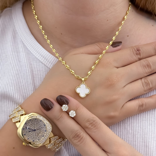 Cadena Tejido Gucci de Dama de 45cm de 3mm de Grosor + Trebol Blanco de suerte + Topo balin circon en Oro Laminado 18k con Reloj de Micro circones de Alta Calidad