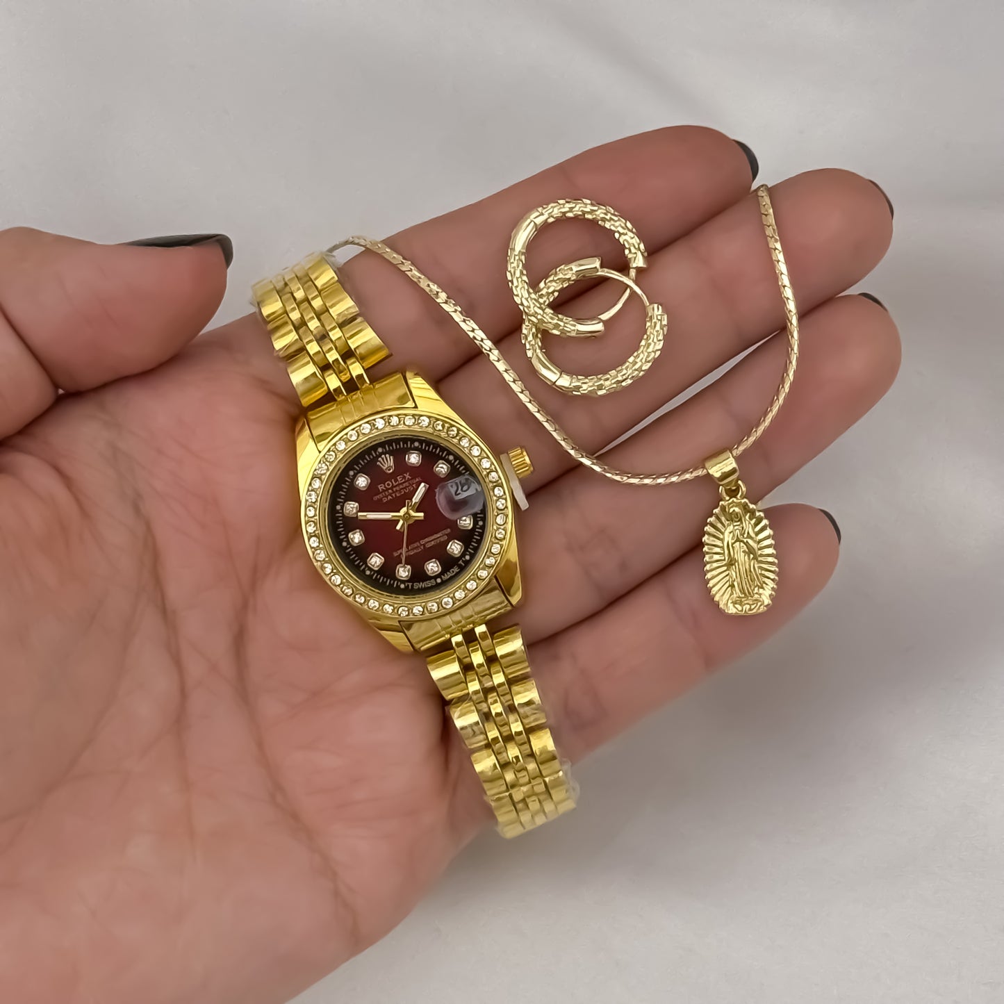 Cadena Tejido Serpiente de 45cm de 3mm de Grosor + Virgen Guadalupe +Candongas melcochas en Oro LAMINADO 18K con  garantía de por vida + Reloj de Alta Calidad Rolex