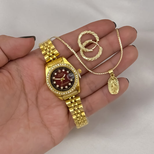 Cadena Tejido Serpiente de 45cm de 3mm de Grosor + Virgen Guadalupe +Candongas melcochas en Oro LAMINADO 18K con  garantía de por vida + Reloj de Alta Calidad Rolex