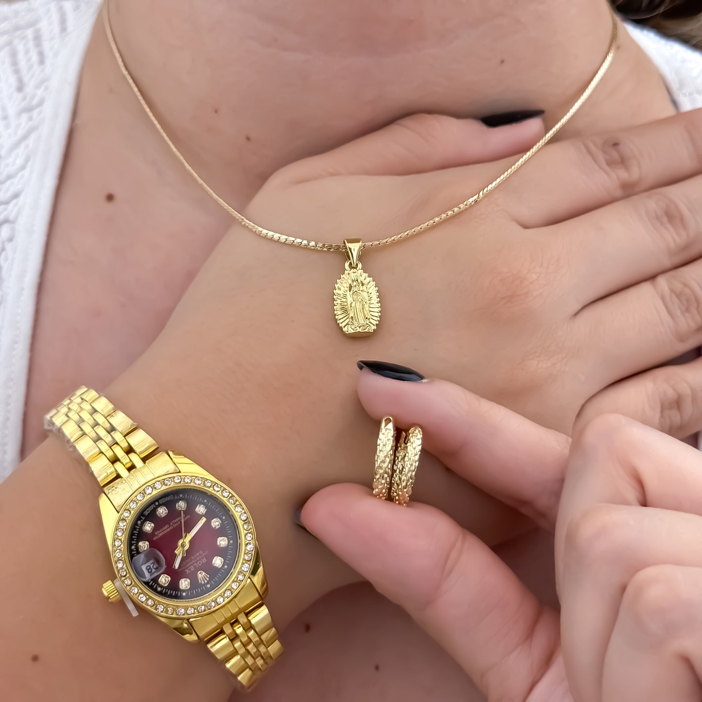 Cadena Tejido Serpiente de 45cm de 3mm de Grosor + Virgen Guadalupe +Candongas melcochas en Oro LAMINADO 18K con  garantía de por vida + Reloj de Alta Calidad Rolex
