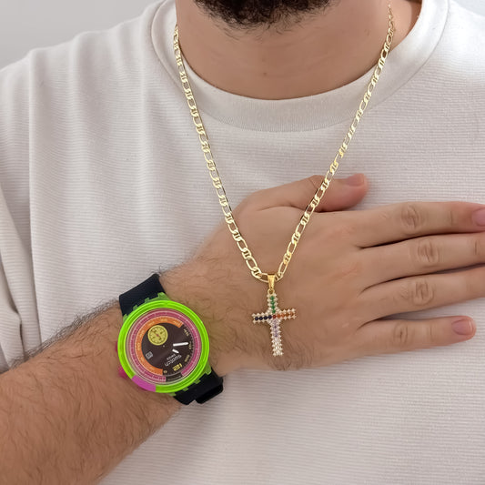 Cadena Tejido 1 X 1  de Hombre de 60cm + cruz con micro circones de colores en oro Laminado 18k + Reloj Swatch de colores de Alta Calidad