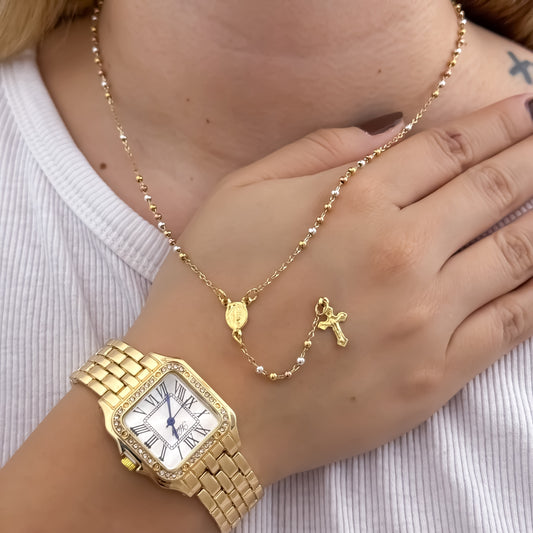 Camandula de 3 oros de Virgen Milagrosa en Oro Laminado 18k con Garantia de por vida + Reloj Tipo Catier de Dama de Alta Calidad con Garantia