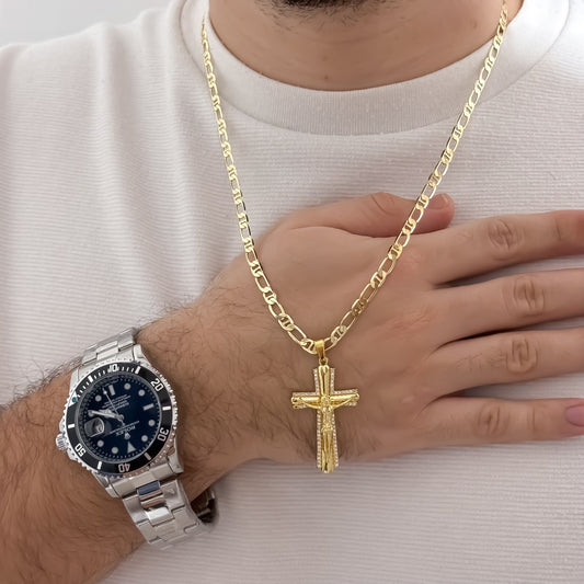 Cadena Tejido 1 X 1 de Hombre de 60cm + Cruz Cristo Madero en  oro Laminado 18k + Reloj Rolex de Alta Calidad en Oro Laminado 18k