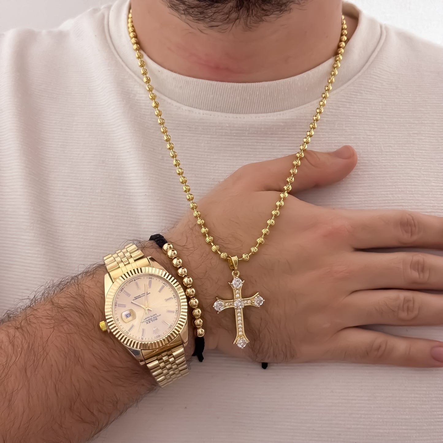 Cadena Tejido Militar Diamanta de 60cm de 4mm + Cruz con  Micro Circones Cristales + Pulsera Tejida Balin de 4mm  + Reloj Rolex en Oro Laminado 18k con Garantia de por vida