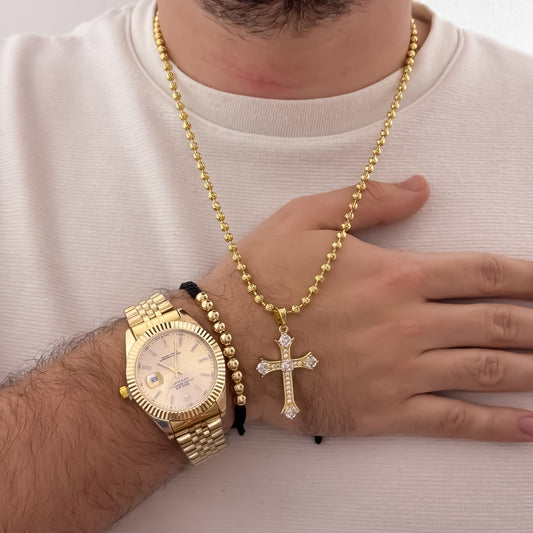 Cadena Tejido Militar Diamanta de 60cm de 4mm + Cruz con  Micro Circones Cristales + Pulsera Tejida Balin de 4mm  + Reloj Rolex en Oro Laminado 18k con Garantia de por vida