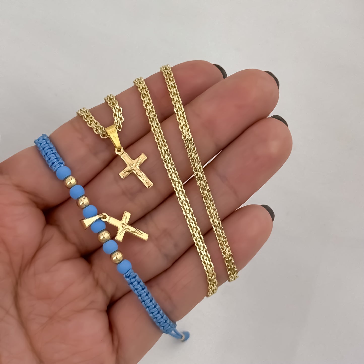 Juego Cadena Tejido Chino de Dama de 45cm de 3mm de Grosor + Dije de cruz + Pulseras Cruz en Oro Laminado 18k con Garantía de por vida