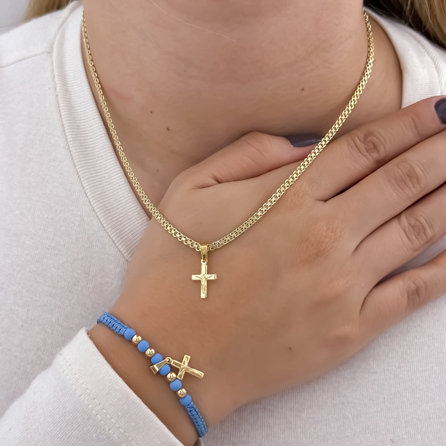 Juego Cadena Tejido Chino de Dama de 45cm de 3mm de Grosor + Dije de cruz + Pulseras Cruz en Oro Laminado 18k con Garantía de por vida