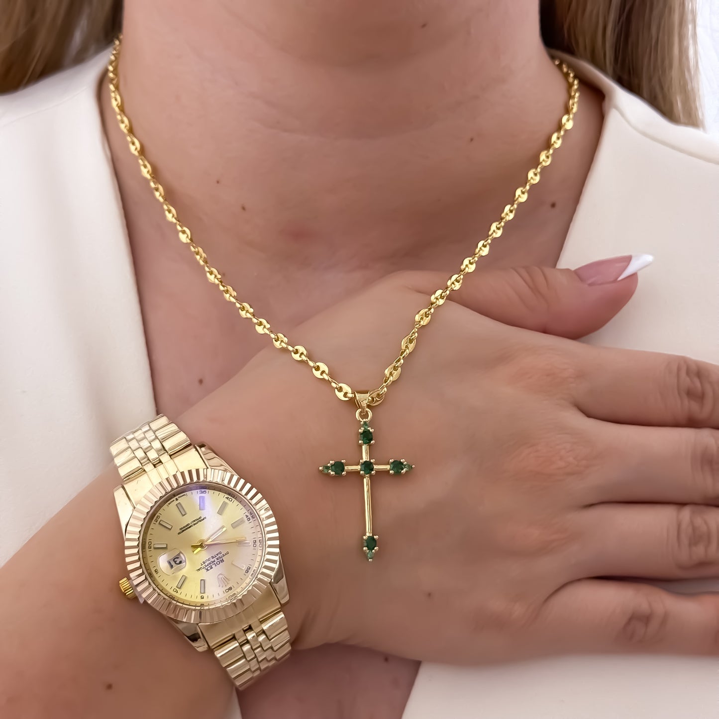 Cadena Tejido Gucci de Dama de 45cm de 3m + Cruz Trébol  Verde Esmeralda + Reloj de Dama Rolex en Oro Laminado 18k
