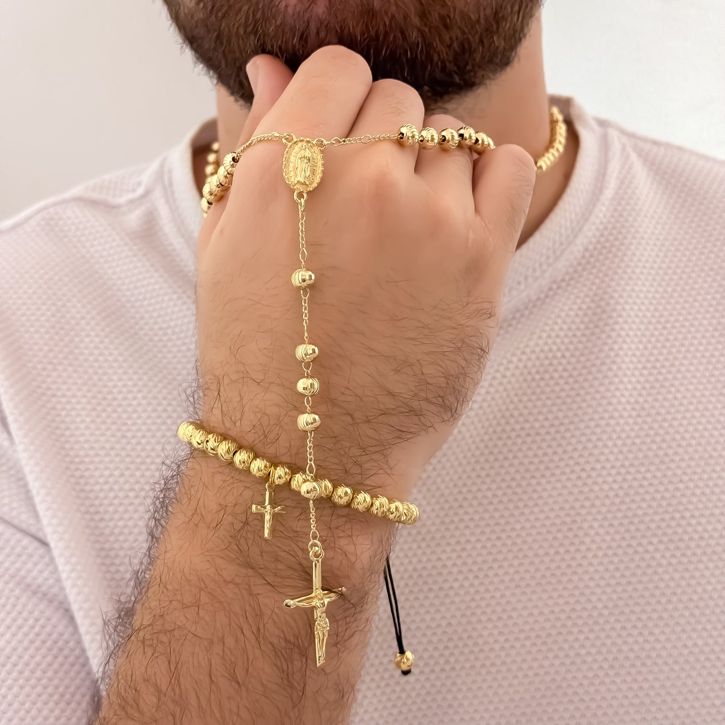 Camándula de Virgen de Guadalupe en Balin Italiano de 8mm + Pulsera Balin Italiano de 6mm con dije de Cruz en Oro Laminado 18k con Garantia de por vida