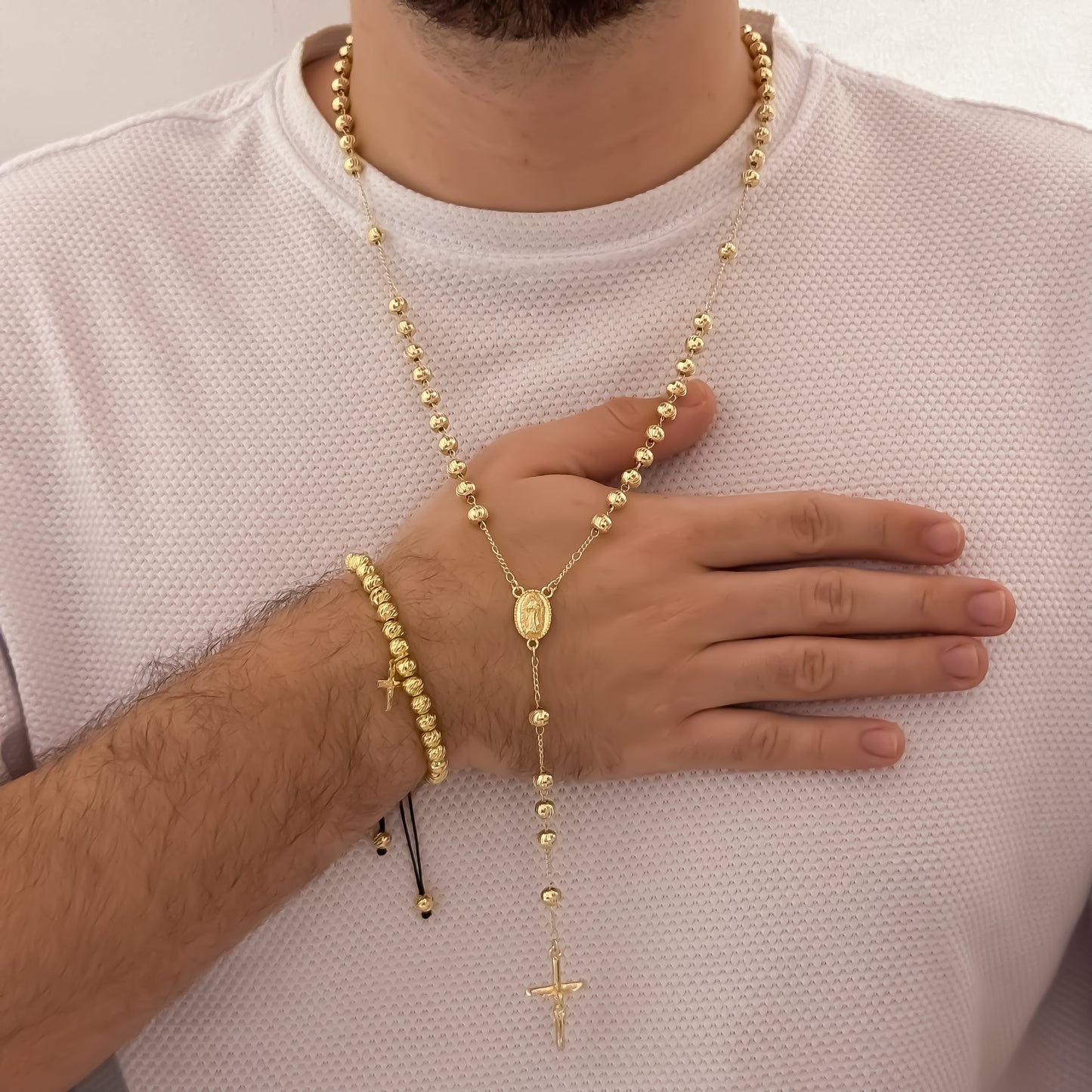 Camándula de Virgen de Guadalupe en Balin Italiano de 8mm + Pulsera Balin Italiano de 6mm con dije de Cruz en Oro Laminado 18k con Garantia de por vida