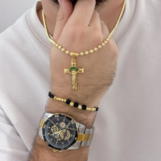 Cadena Tejido Militar Diamantada 60cm de 4mm de Grosor + Cruz Madero circones Verde  + Pulsera Balin Italiano en Oro Laminado 18k + Reloj Rolex de Caballero de alta calidad