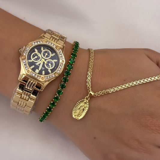 Cadena Tejido Chino de Dama de 45cm de 3mm + Virgen de Guadalupe Tallada + Pulseras Tennis Verde + Reloj Hifter Dama con Micro Circones en Oro Laminado 18k con Garantia de por vida