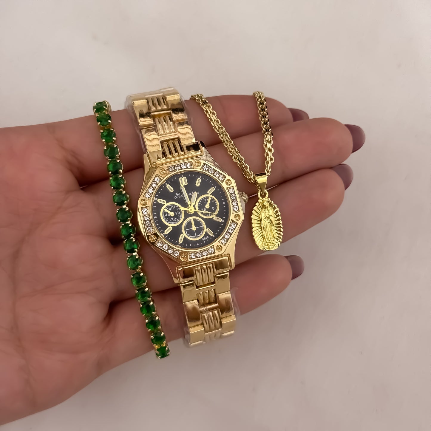 Cadena Tejido Chino de Dama de 45cm de 3mm + Virgen de Guadalupe Tallada + Pulseras Tennis Verde + Reloj Hifter Dama con Micro Circones en Oro Laminado 18k con Garantia de por vida