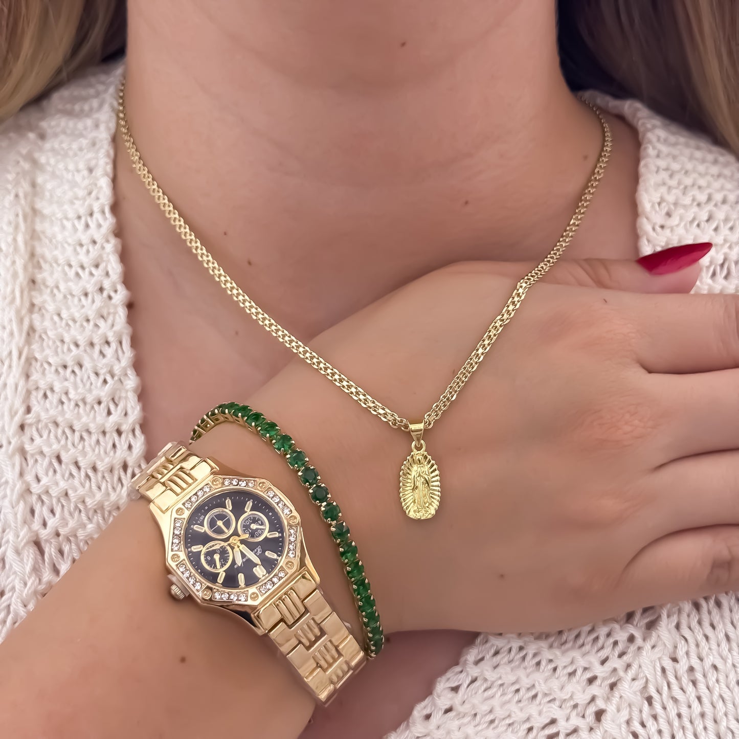 Cadena Tejido Chino de Dama de 45cm de 3mm + Virgen de Guadalupe Tallada + Pulseras Tennis Verde + Reloj Hifter Dama con Micro Circones en Oro Laminado 18k con Garantia de por vida