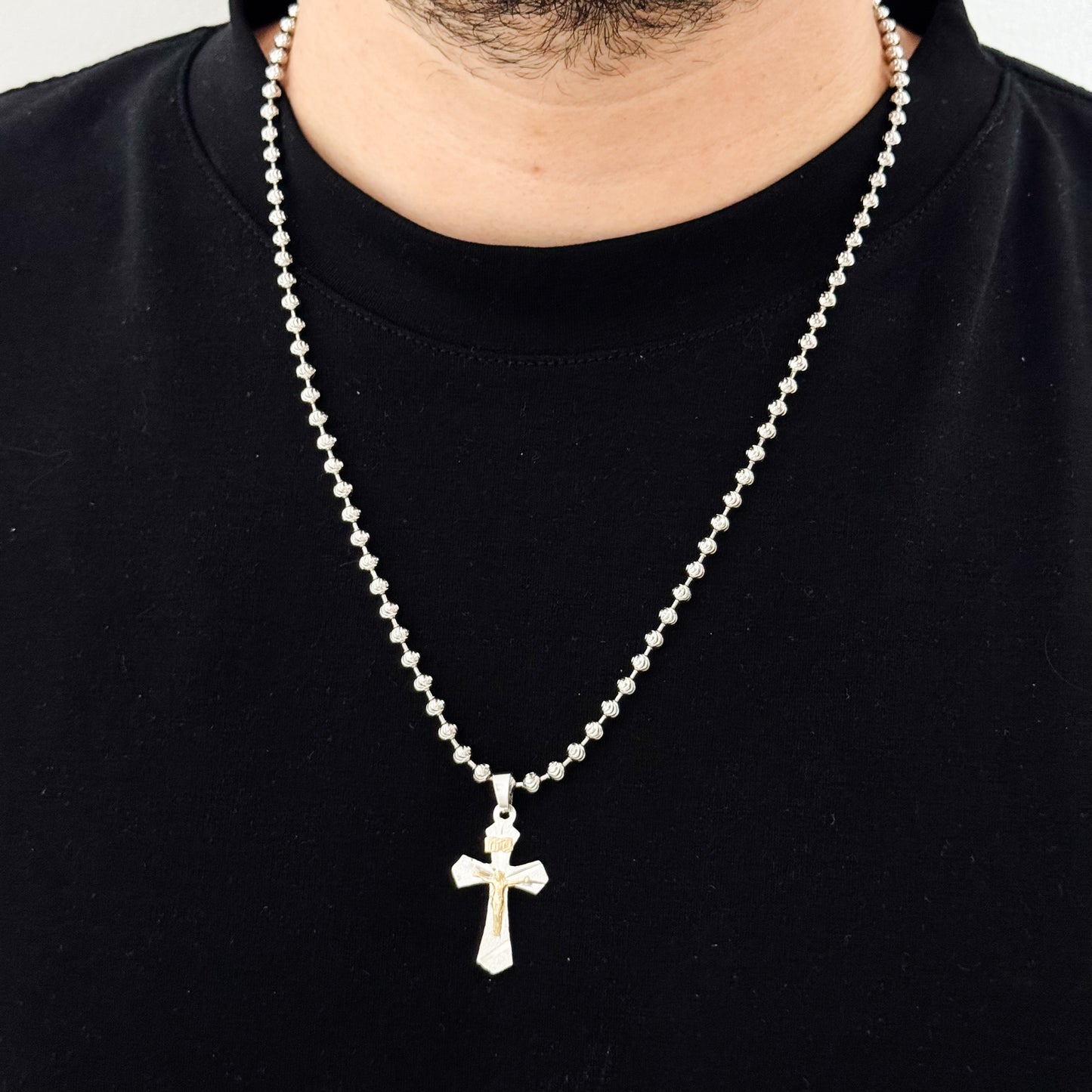 Cadena Militar de Hombre Diamantada de 60cm de 3mm + Cruz Cristo Madero en Plata 925 con Garantia de por vida