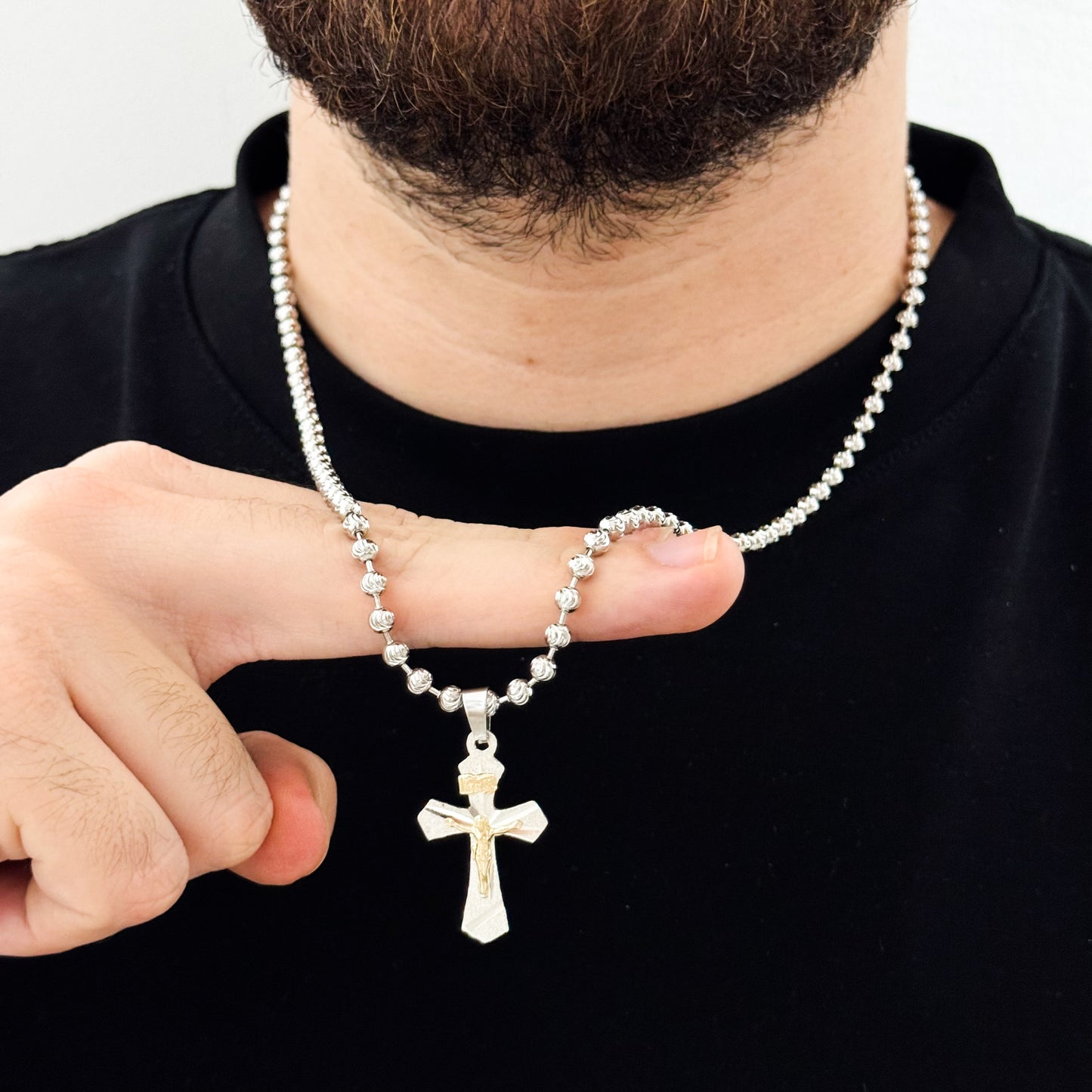 Cadena Militar de Hombre Diamantada de 60cm de 3mm + Cruz Cristo Madero en Plata 925 con Garantia de por vida