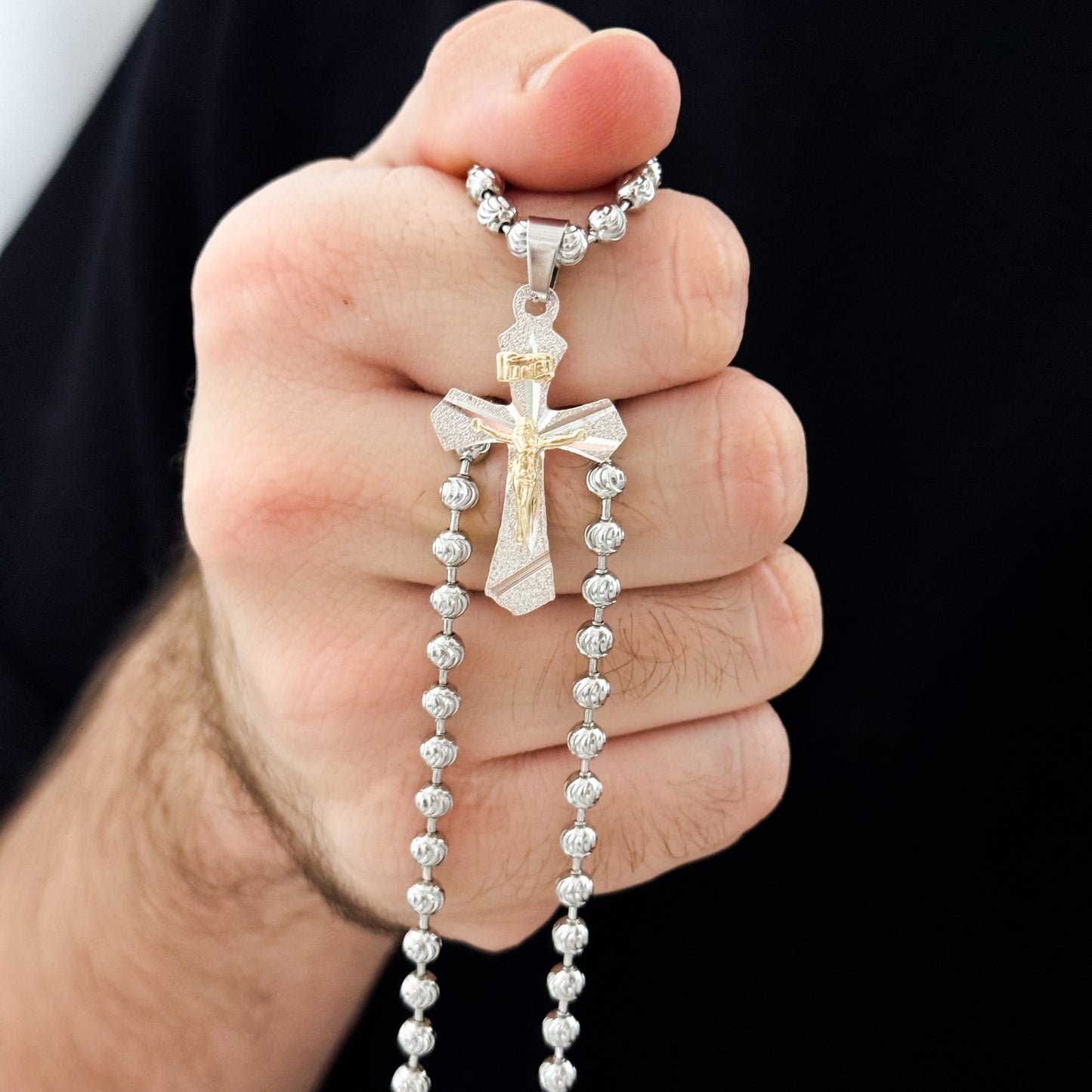 Cadena Militar de Hombre Diamantada de 60cm de 3mm + Cruz Cristo Madero en Plata 925 con Garantia de por vida