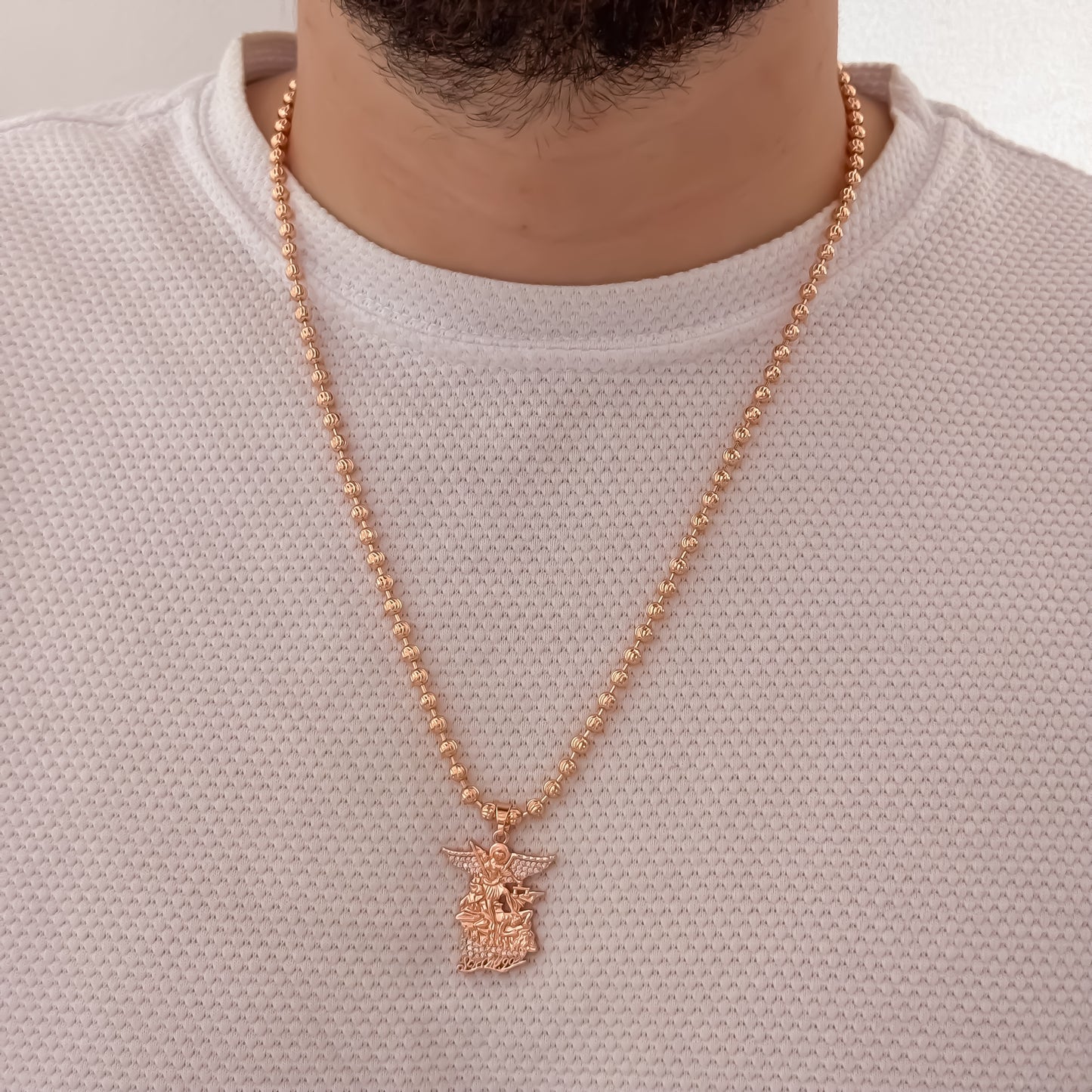 Cadena Tejido Militar Diamantada ORO ROSA  de 60cm de 4mm + San Miguel Arcángel en Oro Lamiando 18k Rosa con Garantía de  por vida